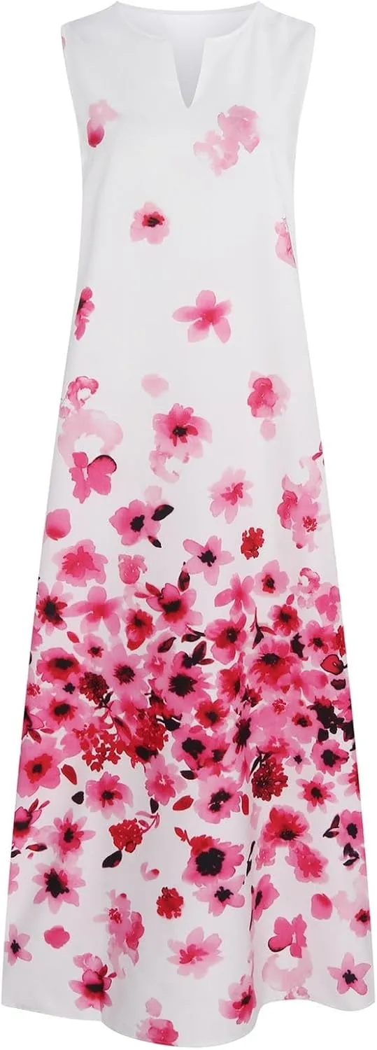 Maxi Dresses for Women 2025 Plus Size,Flowers Sleeveless Summer Floral Long Dress Casual Boho Vacation Beach Dress