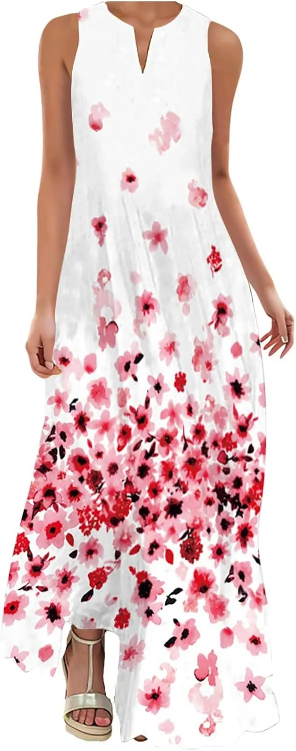 Maxi Dresses for Women 2025 Plus Size,Flowers Sleeveless Summer Floral Long Dress Casual Boho Vacation Beach Dress