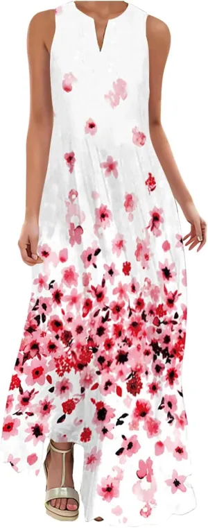 Maxi Dresses for Women 2025 Plus Size,Flowers Sleeveless Summer Floral Long Dress Casual Boho Vacation Beach Dress