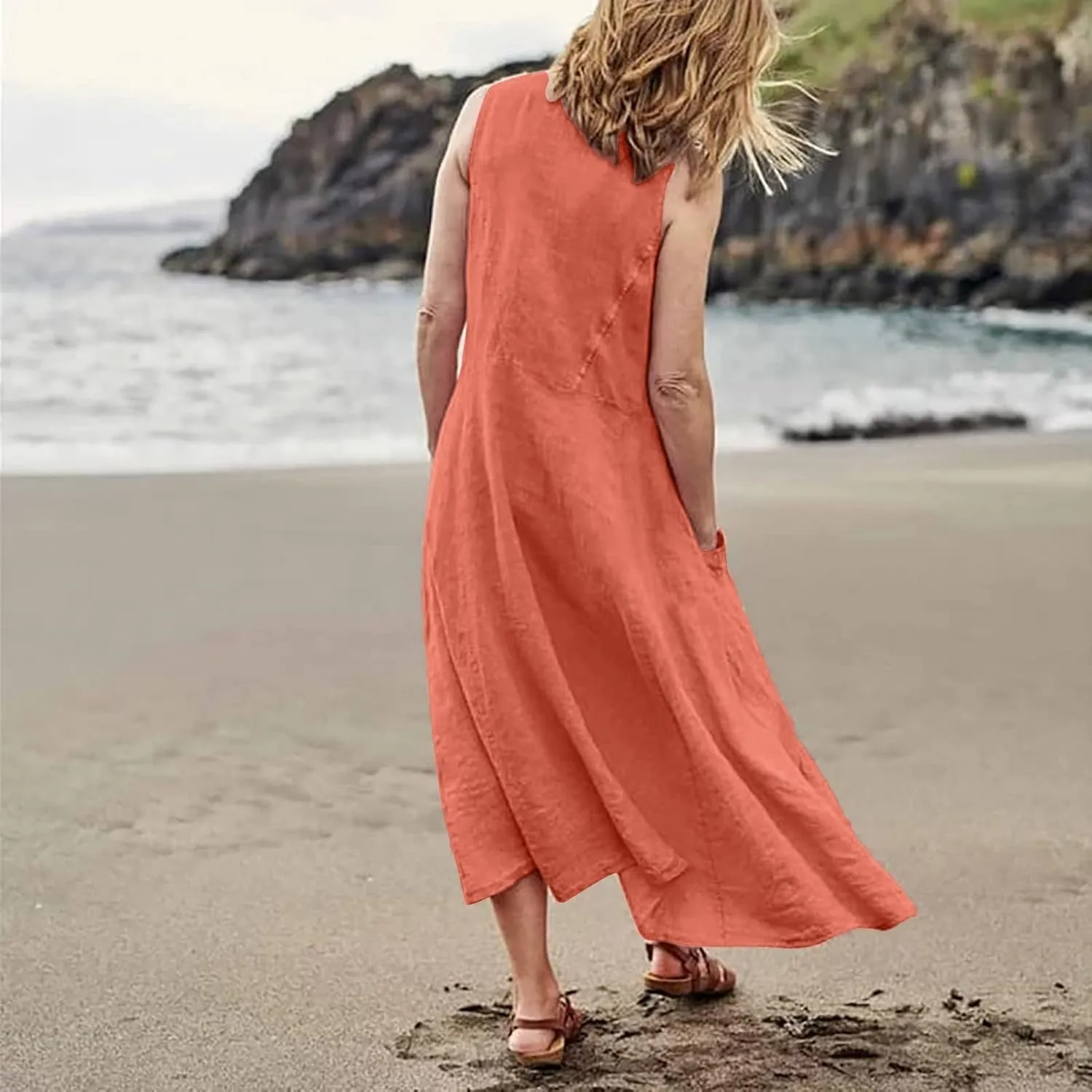 Maxi Floral Dress for Women Plus Size Vacation Scoop Neck Beach Dress with Pockets Long Comfy Flowy Sleeveless Sundress