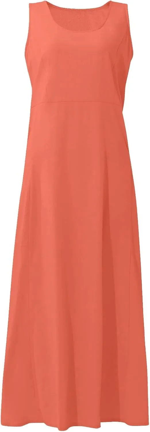 Maxi Floral Dress for Women Plus Size Vacation Scoop Neck Beach Dress with Pockets Long Comfy Flowy Sleeveless Sundress