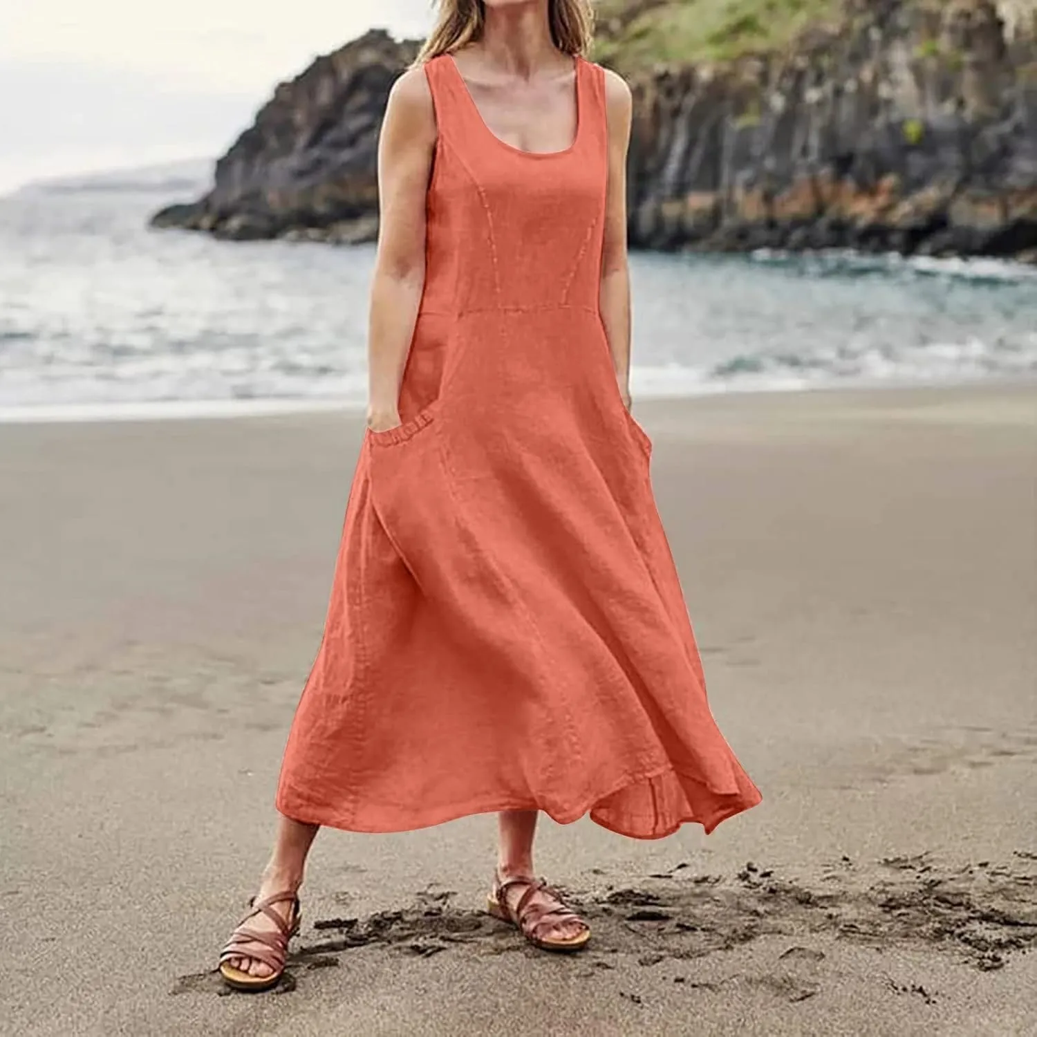 Maxi Floral Dress for Women Plus Size Vacation Scoop Neck Beach Dress with Pockets Long Comfy Flowy Sleeveless Sundress