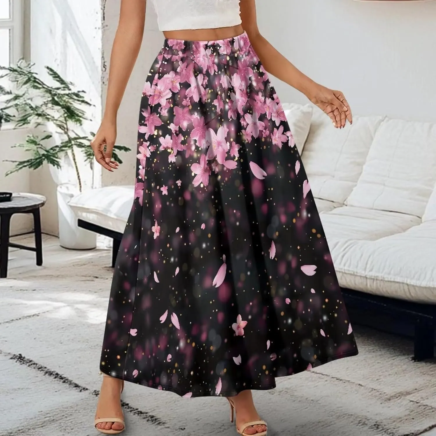 Maxi Skirt for Women Flowy High Waisted Casual Skirt Full Length Comfy Swing Skirts with Pockets Size S-2XL