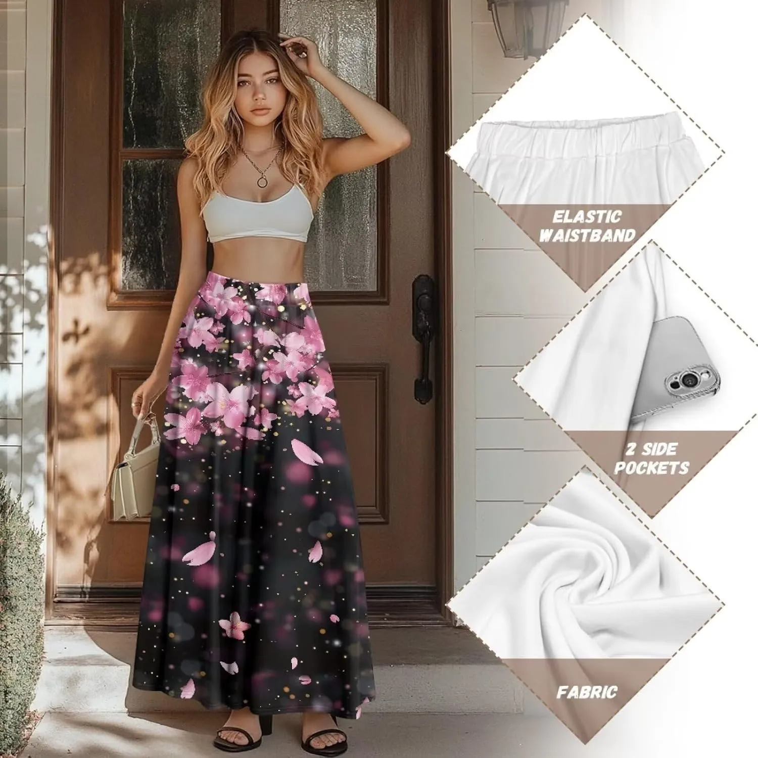 Maxi Skirt for Women Flowy High Waisted Casual Skirt Full Length Comfy Swing Skirts with Pockets Size S-2XL