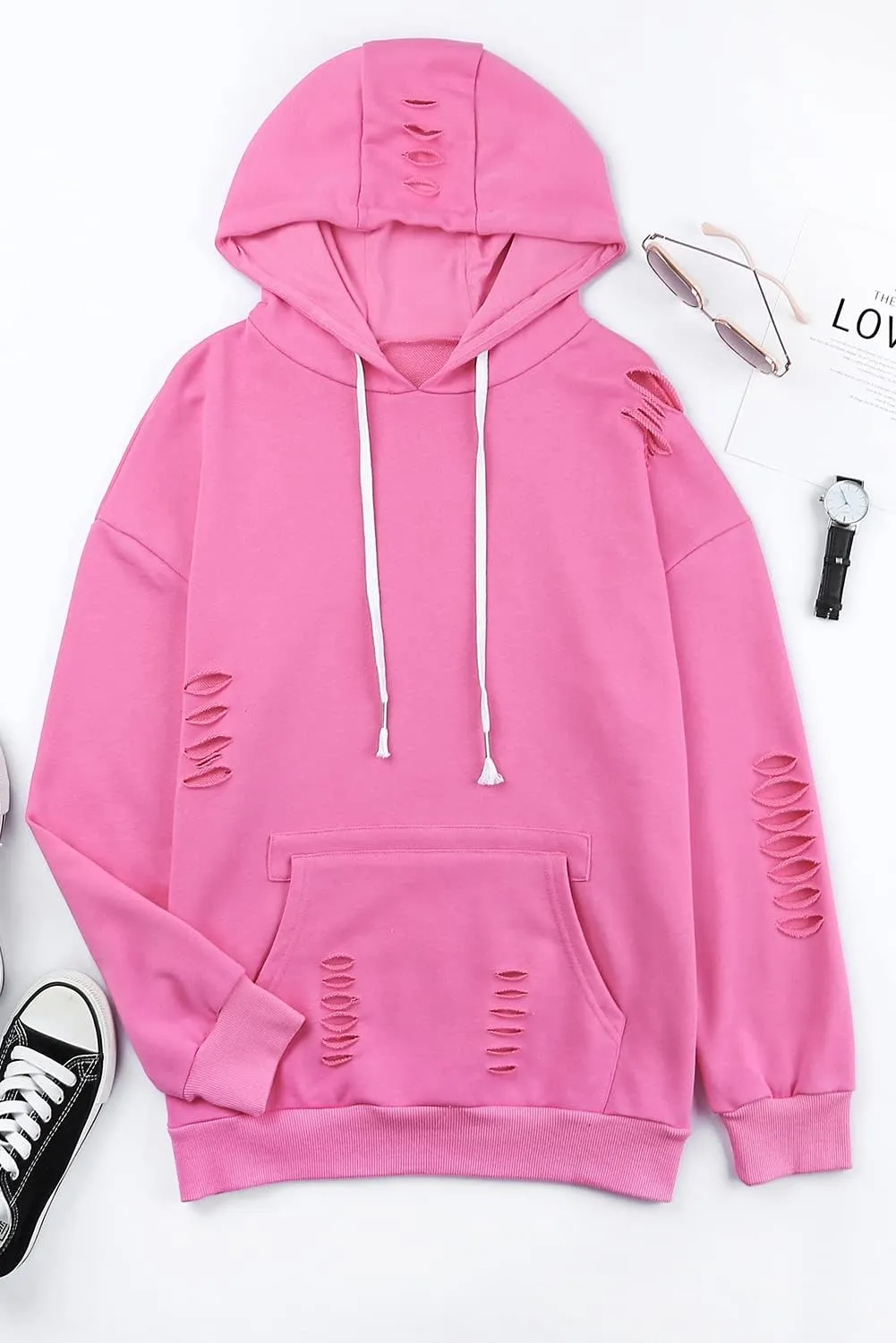 Melliflo Women's Oversized Ripped Sweatshirt Distressed Hooded Pullover Sweatshirts Solid Loose Trendy Hoodies Fall Tops