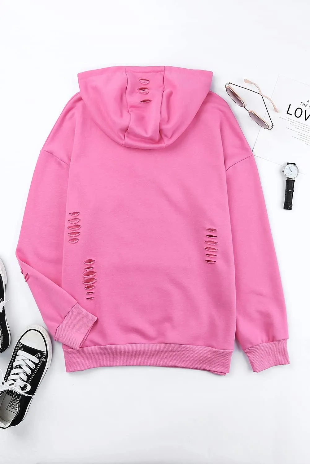 Melliflo Women's Oversized Ripped Sweatshirt Distressed Hooded Pullover Sweatshirts Solid Loose Trendy Hoodies Fall Tops