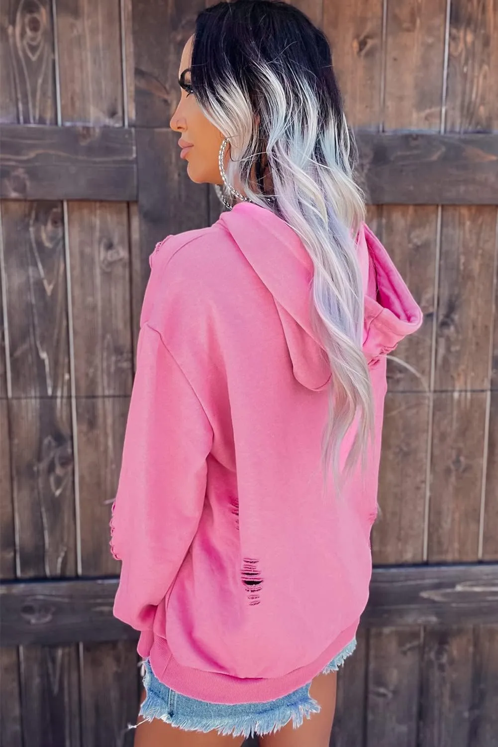 Melliflo Women's Oversized Ripped Sweatshirt Distressed Hooded Pullover Sweatshirts Solid Loose Trendy Hoodies Fall Tops