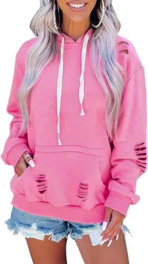 Melliflo Women's Oversized Ripped Sweatshirt Distressed Hooded Pullover Sweatshirts Solid Loose Trendy Hoodies Fall Tops