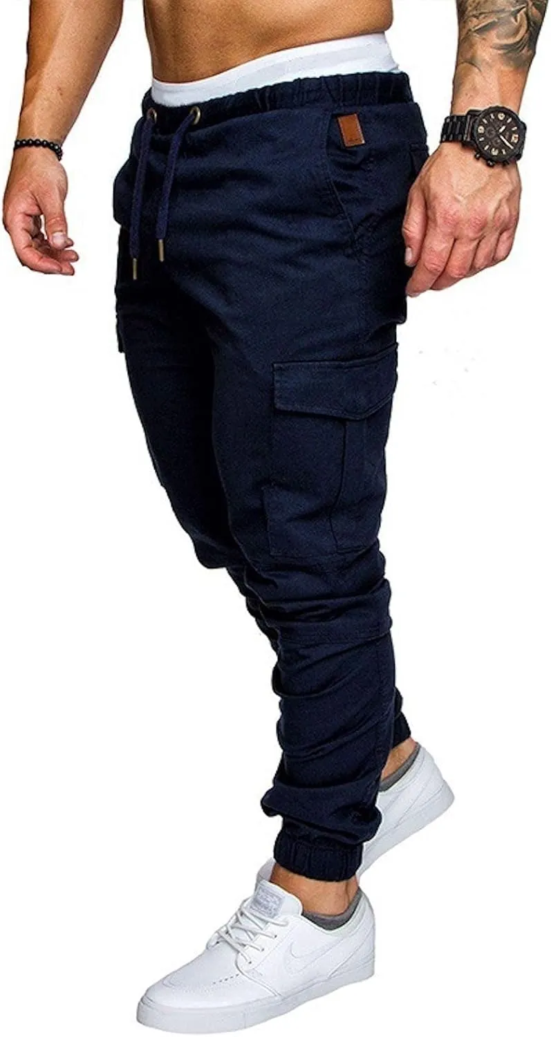 Men Cargo Chino Pants Drawstring Elastic Military Outdoor Slim Sweatpants Navy Size XS