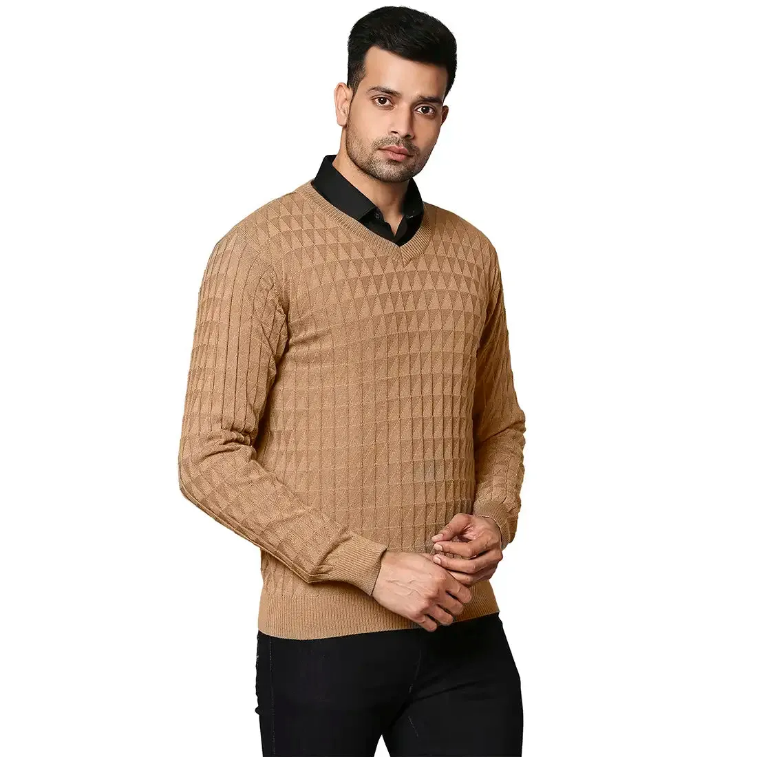 Men Fawn Wrapper Wool Blend Full Sleeve V Neck Collar Sweaters