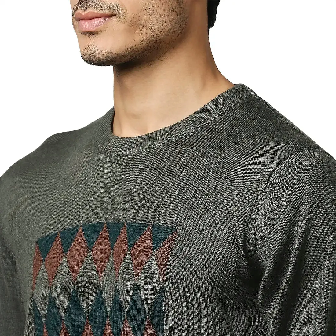 Men Green Argyle Acrylic Wool Blend Round Collar Sweaters