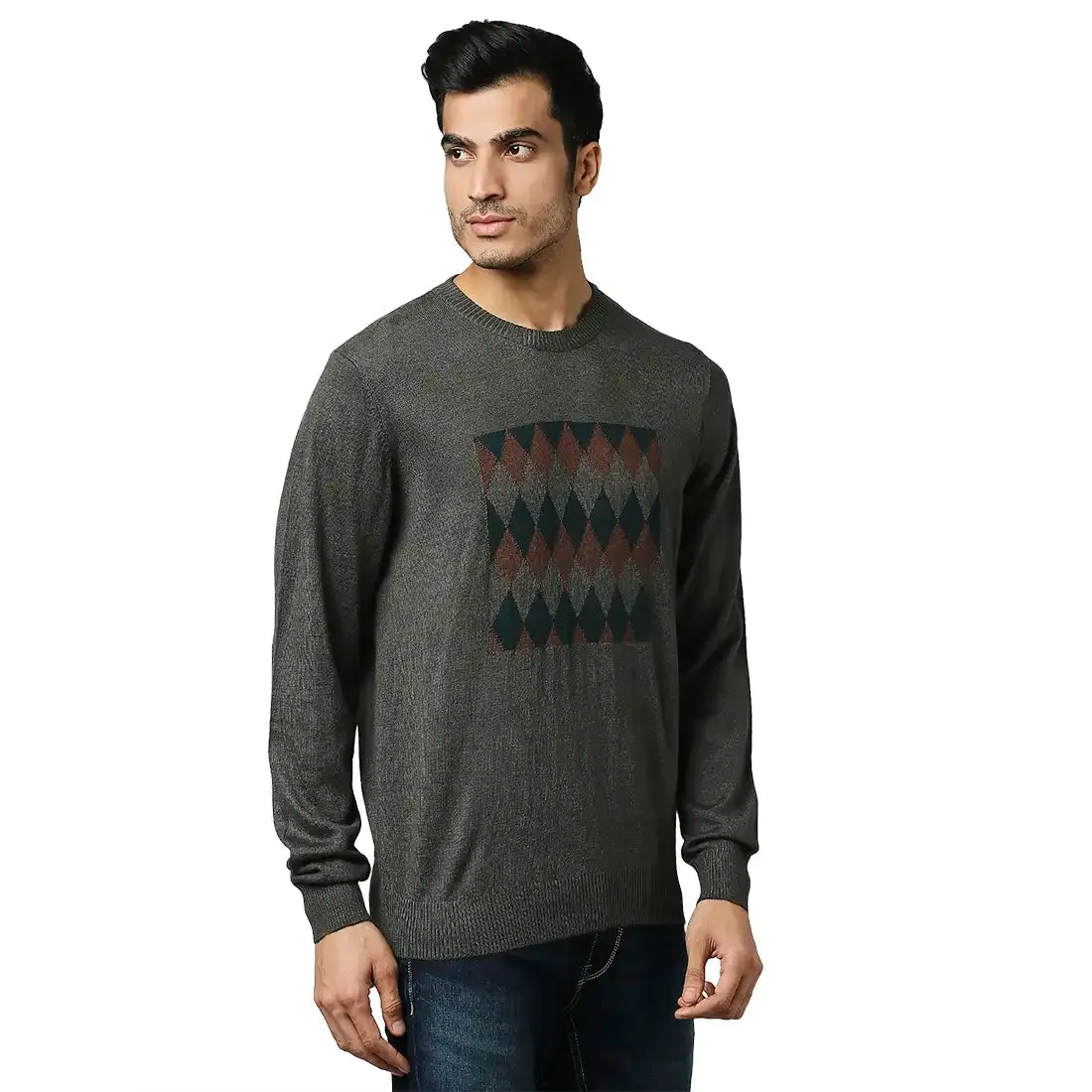 Men Green Argyle Acrylic Wool Blend Round Collar Sweaters