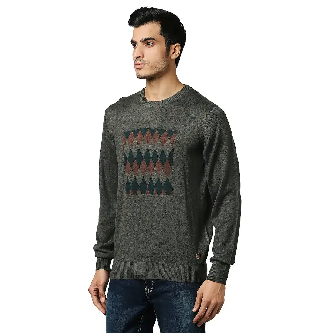 Men Green Argyle Acrylic Wool Blend Round Collar Sweaters
