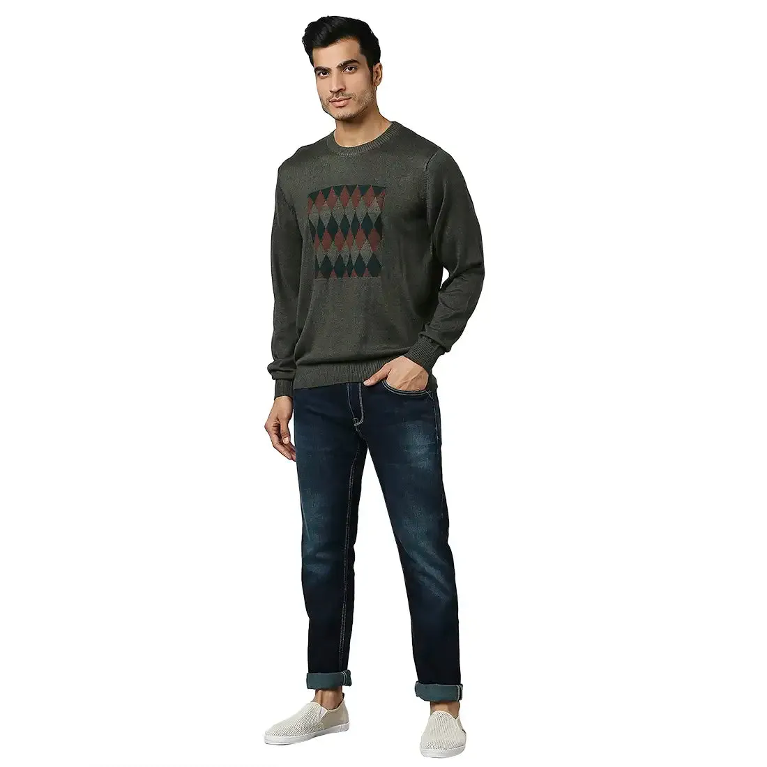 Men Green Argyle Acrylic Wool Blend Round Collar Sweaters