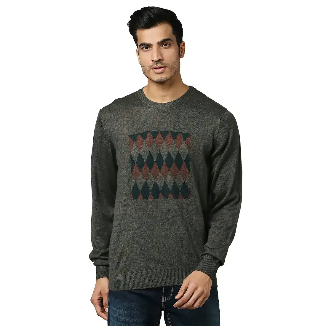 Men Green Argyle Acrylic Wool Blend Round Collar Sweaters