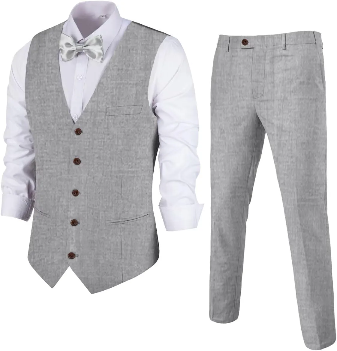 Men's Linen 2 Piece Suit Slim Fit Wedding Groomsmen Tuxedos Summer Beach Prom Vest Pants Set