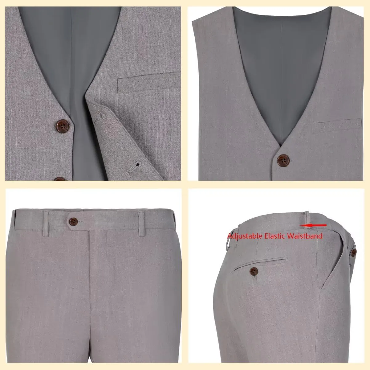Men's Linen 2 Piece Suit Slim Fit Wedding Groomsmen Tuxedos Summer Beach Prom Vest Pants Set