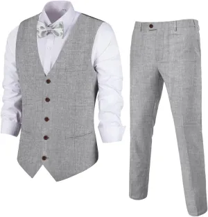 Men's Linen 2 Piece Suit Slim Fit Wedding Groomsmen Tuxedos Summer Beach Prom Vest Pants Set