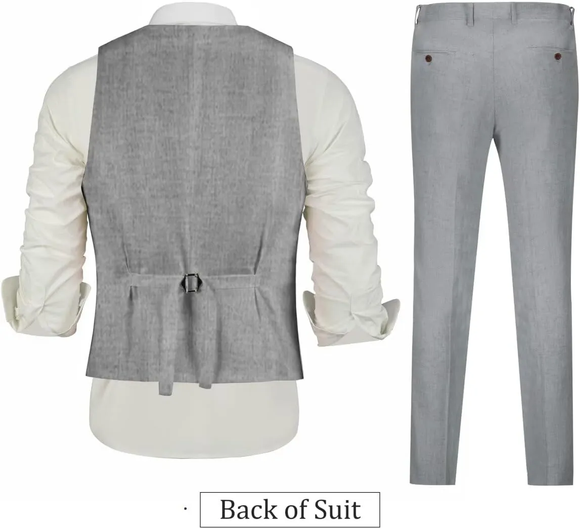 Men's Linen 2 Piece Suit Slim Fit Wedding Groomsmen Tuxedos Summer Beach Prom Vest Pants Set