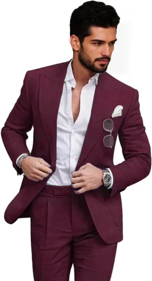 Mens Linen Suits 2 Piece Slim Fit Linen Suit for Men Retro Mens Suits for Beach Wedding Prom Suit Blazer Pants Set