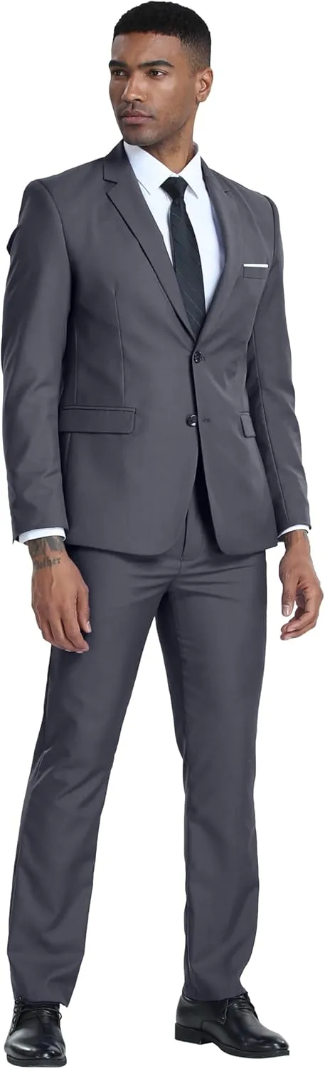 Men's Slim Fit 2 Piece Suit, Two Button Solid Suit Jacket Pants Set, Wedding Prom Suit
