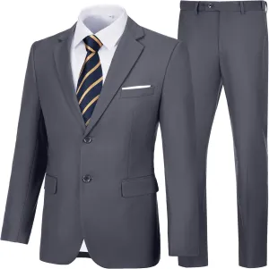 Men's Slim Fit 2 Piece Suit, Two Button Solid Suit Jacket Pants Set, Wedding Prom Suit