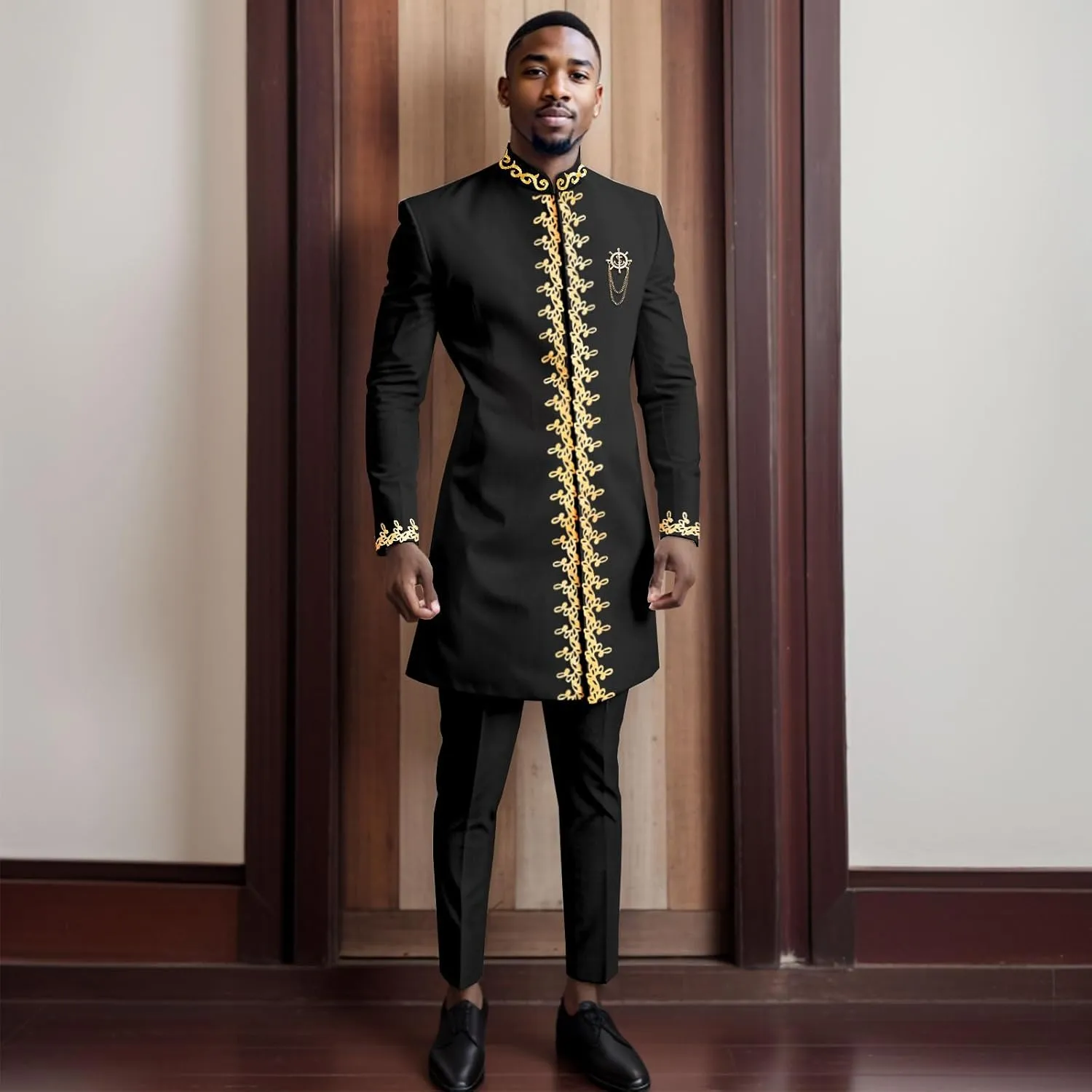Men`s Suit Gold Embroidery Blazer and Pants Set Dashiki Jacket Traditional African Clothes with Chain