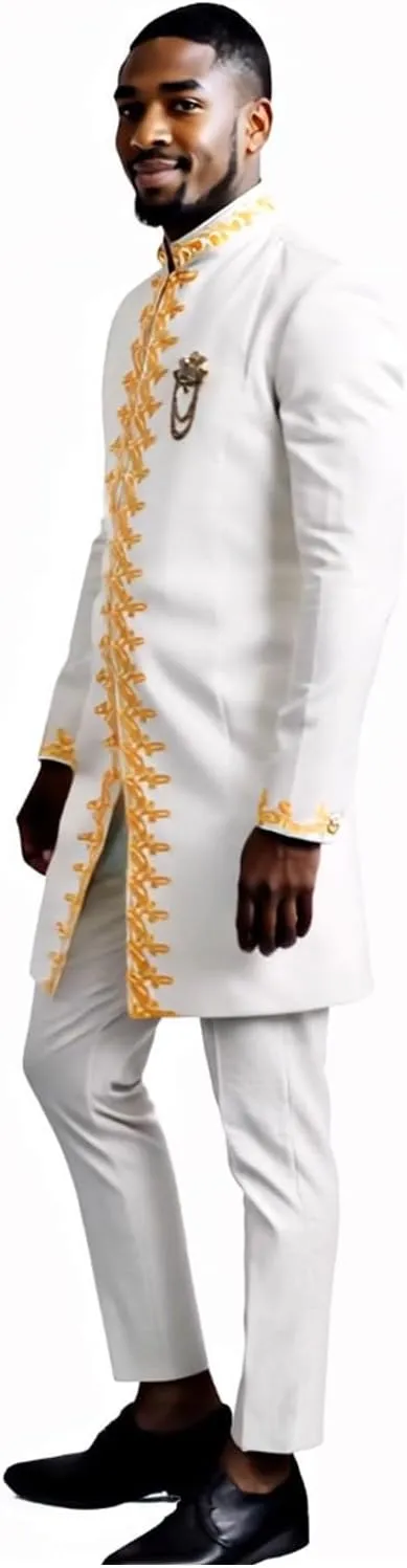 Men`s Suit Gold Embroidery Blazer and Pants Set Dashiki Jacket Traditional African Clothes with Chain
