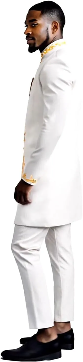 Men`s Suit Gold Embroidery Blazer and Pants Set Dashiki Jacket Traditional African Clothes with Chain