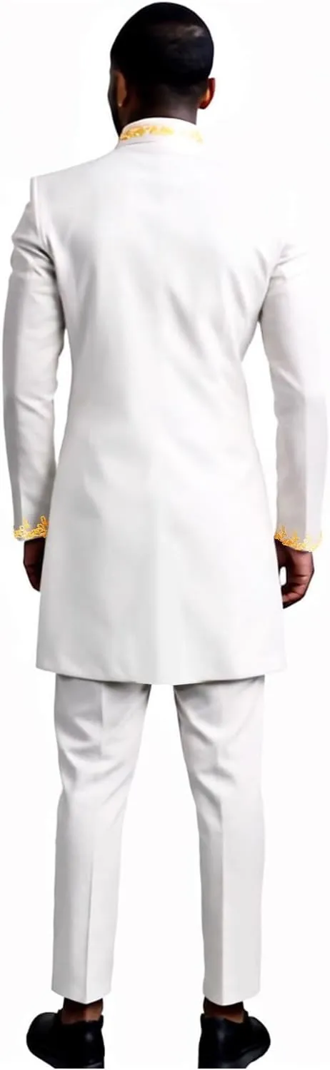 Men`s Suit Gold Embroidery Blazer and Pants Set Dashiki Jacket Traditional African Clothes with Chain