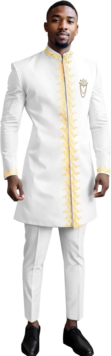 Men`s Suit Gold Embroidery Blazer and Pants Set Dashiki Jacket Traditional African Clothes with Chain