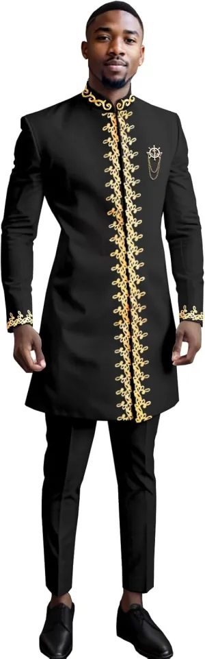 Men`s Suit Gold Embroidery Blazer and Pants Set Dashiki Jacket Traditional African Clothes with Chain