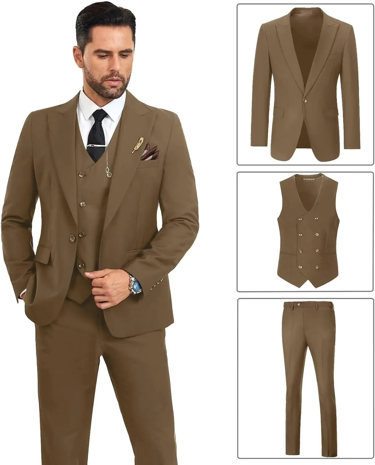 Mens Suit Slim Fit 3 Piece Double Breasted Suit Men Formal Tuxedo Set Casual Wedding Prom Groom Suits
