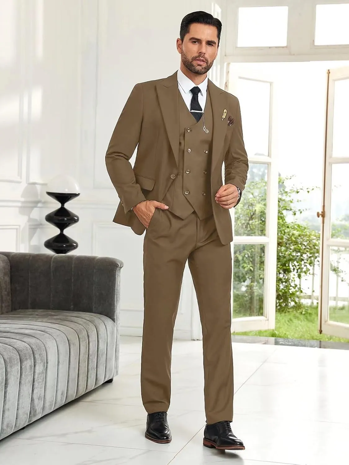 Mens Suit Slim Fit 3 Piece Double Breasted Suit Men Formal Tuxedo Set Casual Wedding Prom Groom Suits