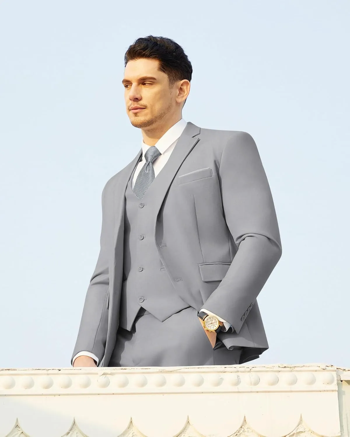 Men's Suits Slim Fit Tuxedo Suit Set 3 Piece 2-Button Solid Prom Wedding Party Blazer Vest Pants with Tie