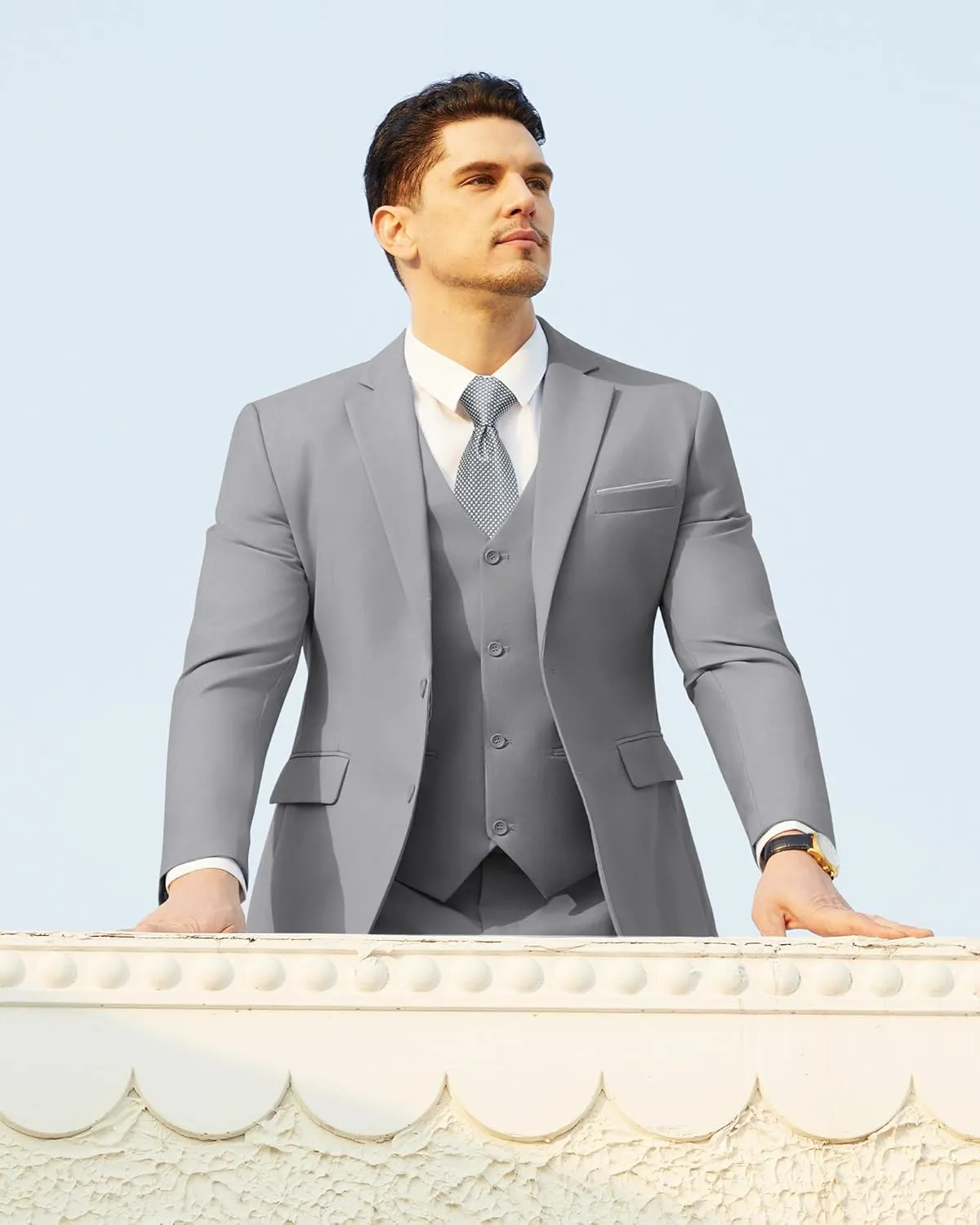 Men's Suits Slim Fit Tuxedo Suit Set 3 Piece 2-Button Solid Prom Wedding Party Blazer Vest Pants with Tie