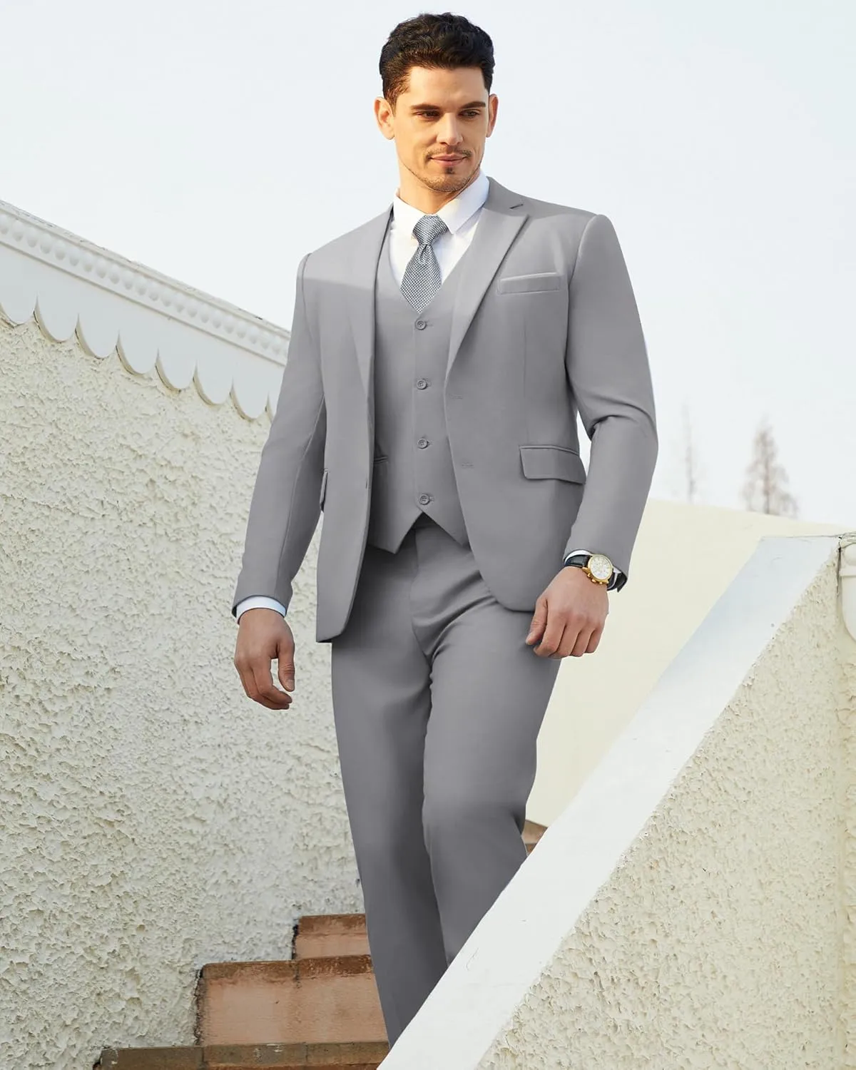 Men's Suits Slim Fit Tuxedo Suit Set 3 Piece 2-Button Solid Prom Wedding Party Blazer Vest Pants with Tie