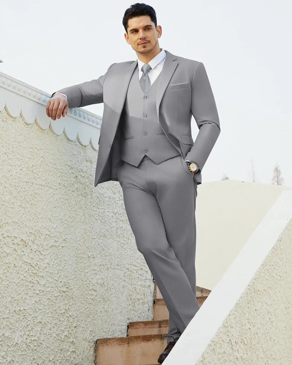 Men's Suits Slim Fit Tuxedo Suit Set 3 Piece 2-Button Solid Prom Wedding Party Blazer Vest Pants with Tie
