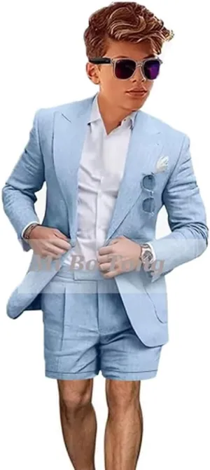Mi Bo Tong Boys Linen Summer Suit 2 PC Blazer and Shorts Set Beach Wedding Tuxedos for Kids Boys Ring Bearer Outfit
