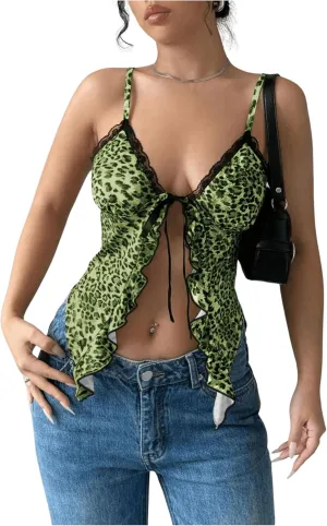 Milumia Women's Lace Leopard Print Tie Front Cami Top Ruffle V Neck Spaghetti Strap Camisole