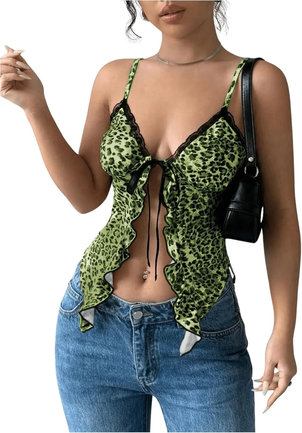 Milumia Women's Lace Leopard Print Tie Front Cami Top Ruffle V Neck Spaghetti Strap Camisole