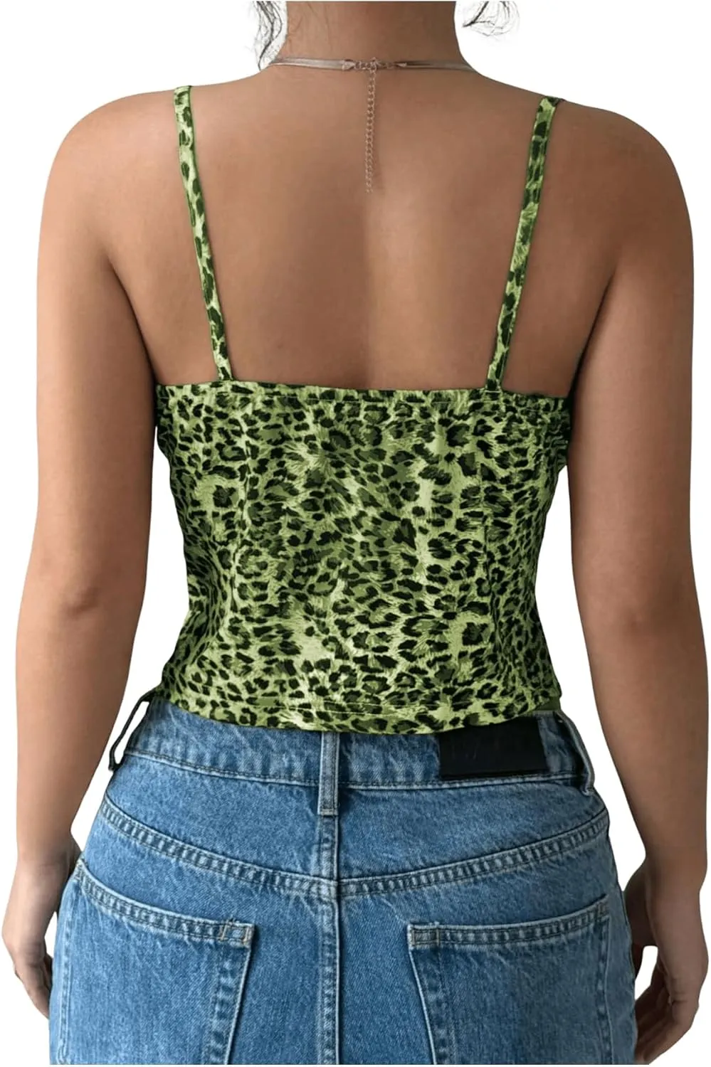 Milumia Women's Lace Leopard Print Tie Front Cami Top Ruffle V Neck Spaghetti Strap Camisole