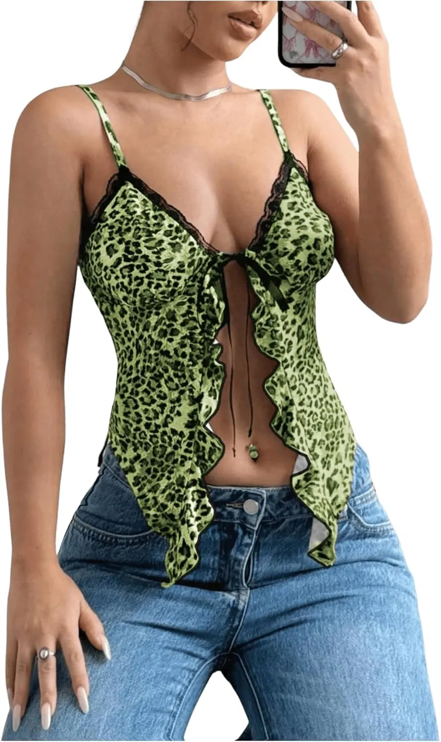 Milumia Women's Lace Leopard Print Tie Front Cami Top Ruffle V Neck Spaghetti Strap Camisole