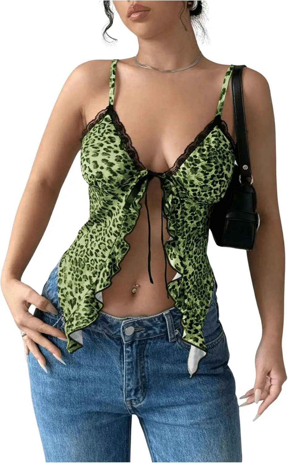 Milumia Women's Lace Leopard Print Tie Front Cami Top Ruffle V Neck Spaghetti Strap Camisole