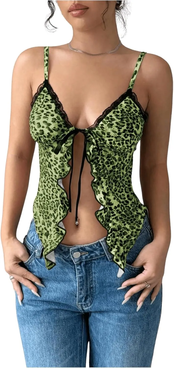 Milumia Women's Lace Leopard Print Tie Front Cami Top Ruffle V Neck Spaghetti Strap Camisole