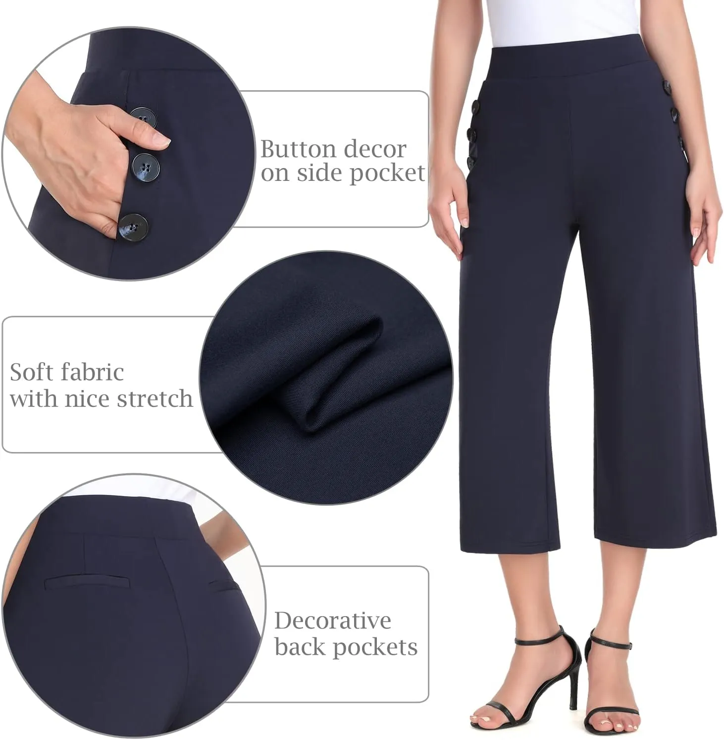 MISS MOLY Women's Wide Leg Pants Business Crop Palazo Dress Pants Capris Culotte Stretch Pull On Work Pants