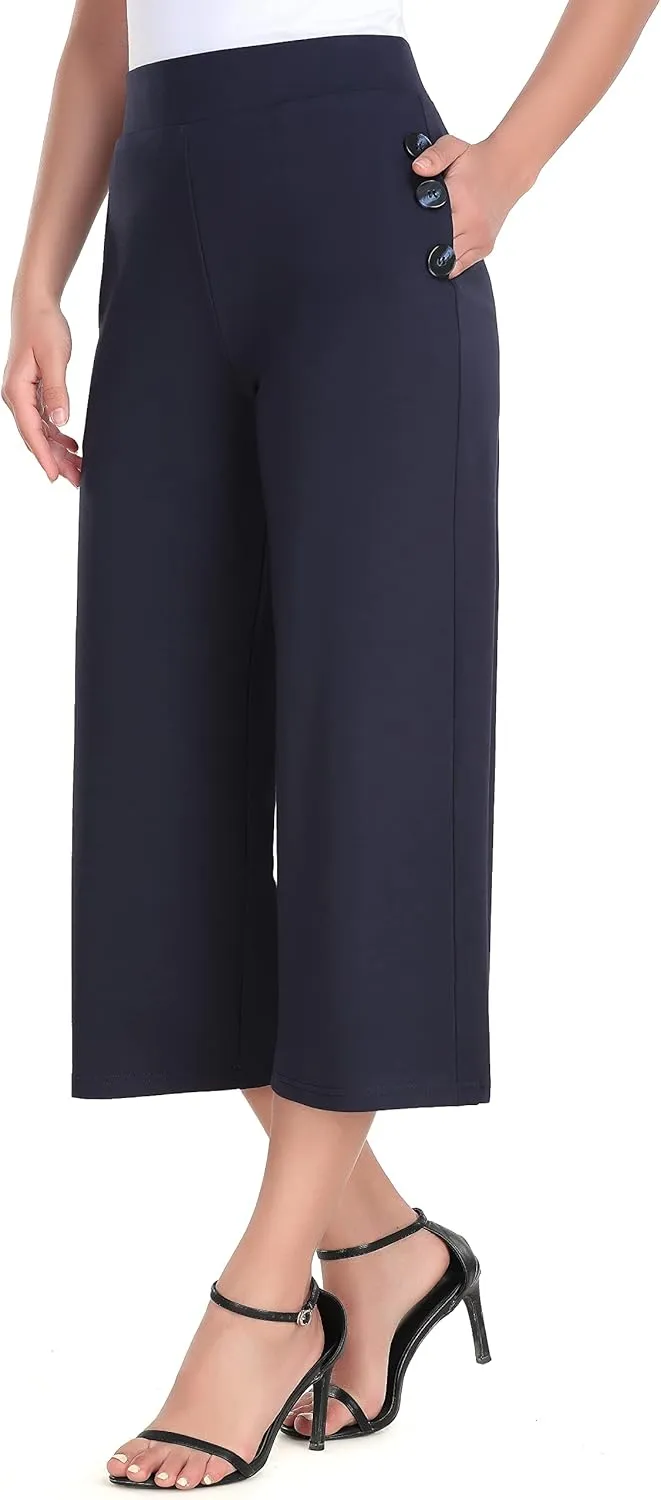 MISS MOLY Women's Wide Leg Pants Business Crop Palazo Dress Pants Capris Culotte Stretch Pull On Work Pants