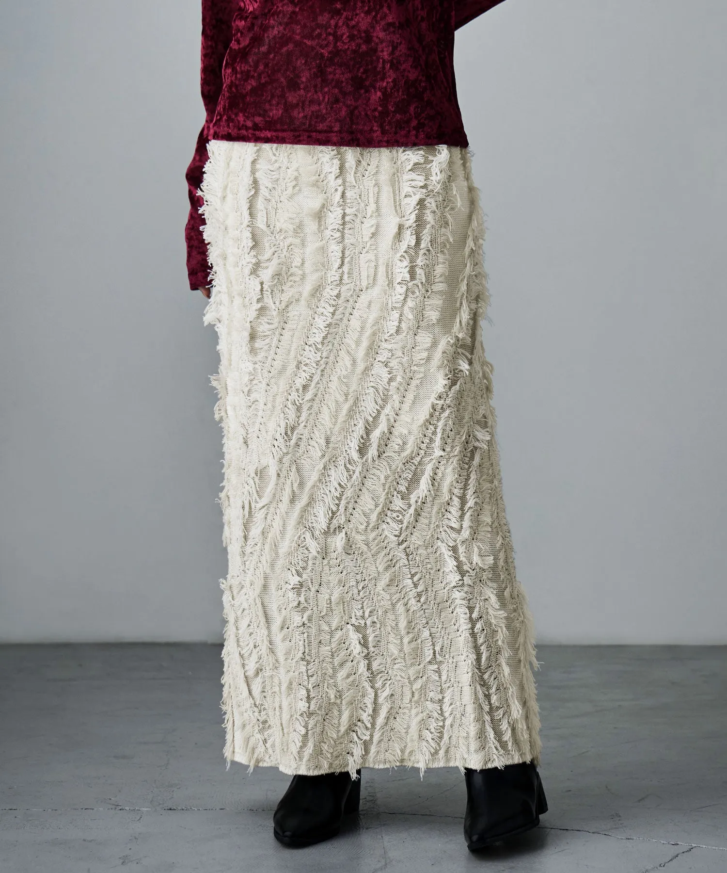 Mix fringe knit tight skirt