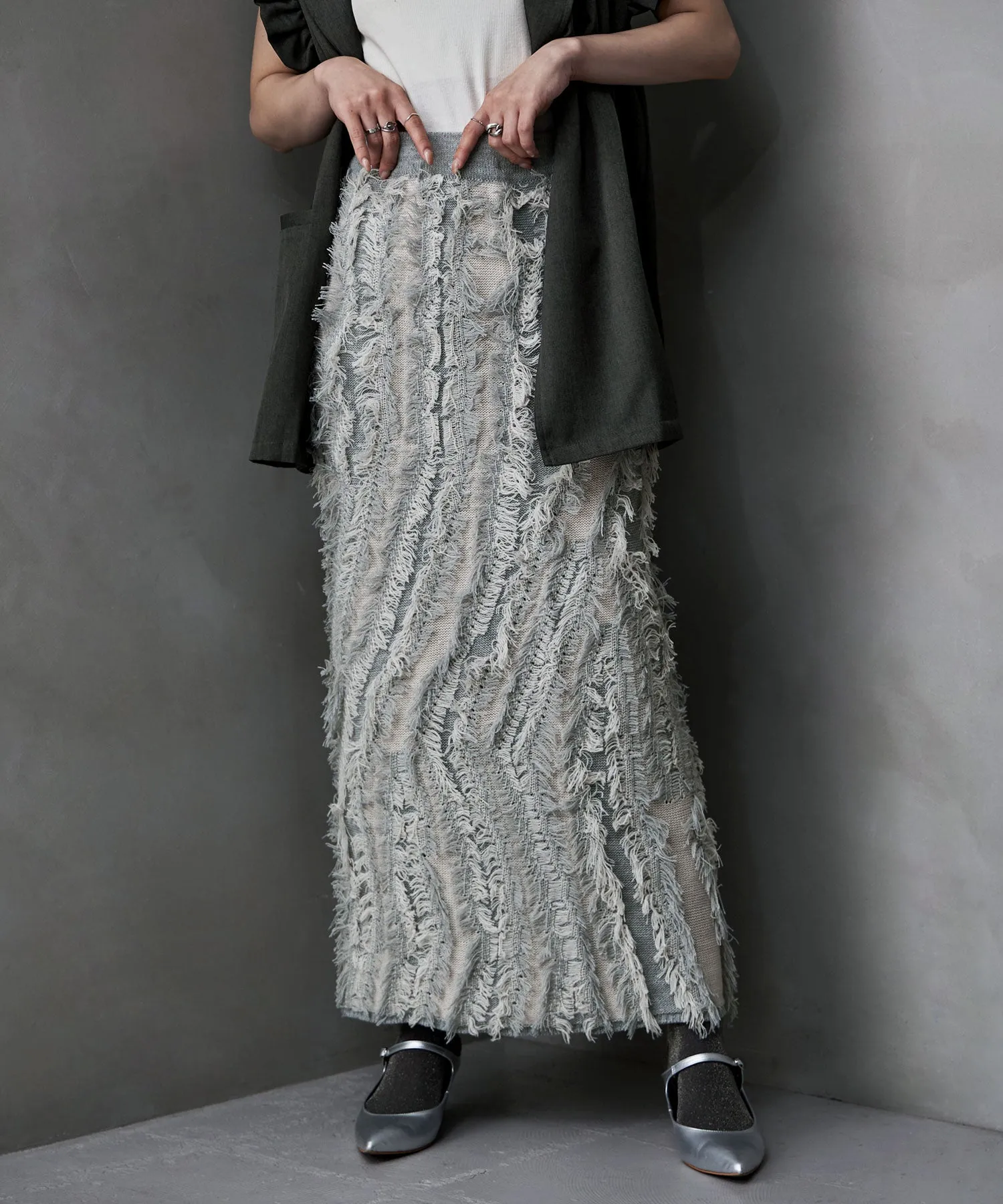Mix fringe knit tight skirt