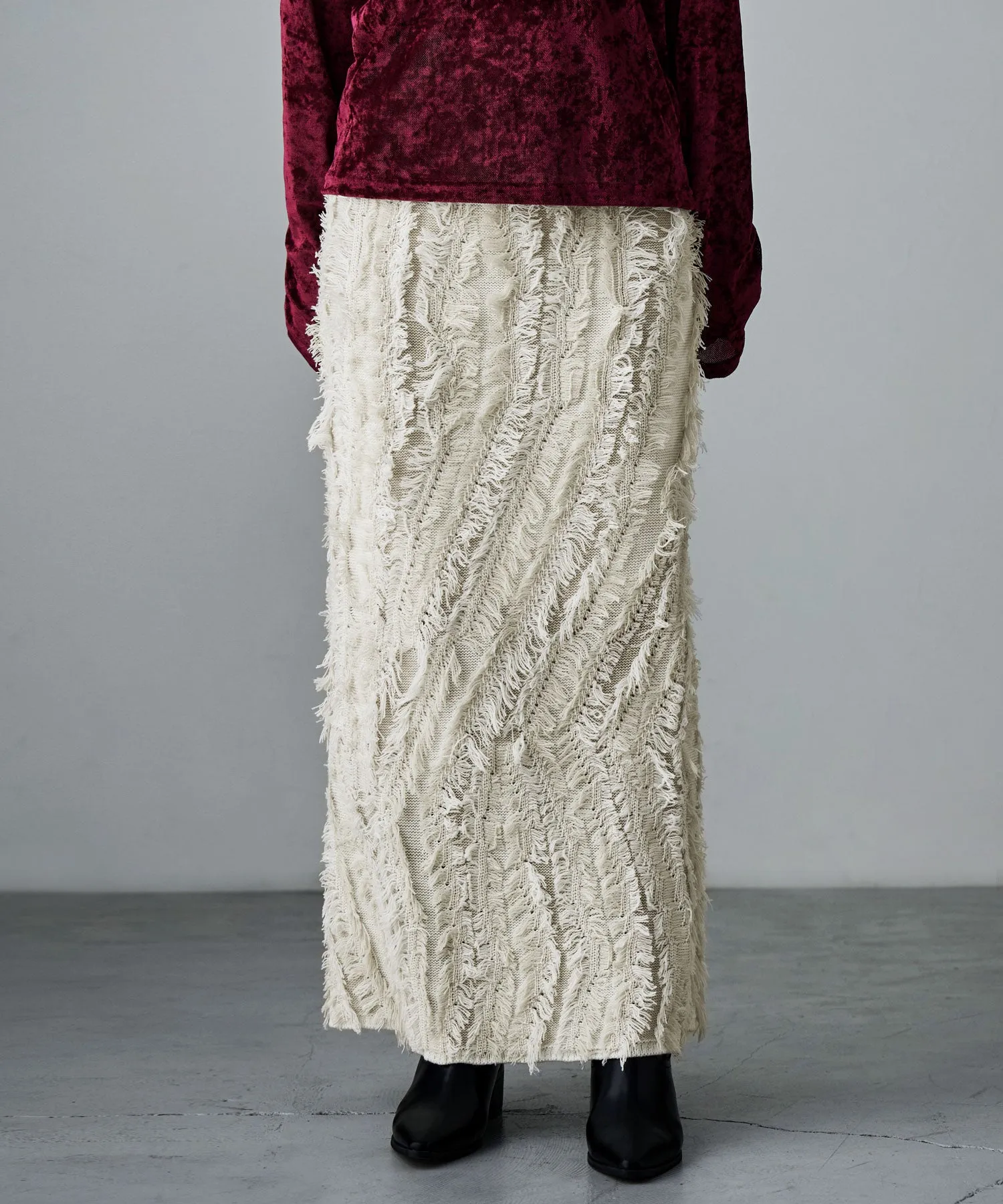 Mix fringe knit tight skirt